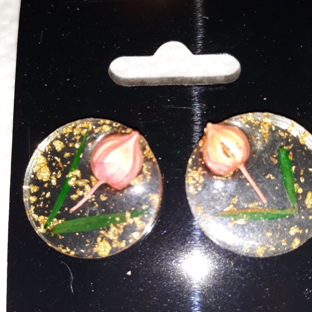 Floral Tulip Flower Glitter Stud Button Earrings on  Gold leaf in Acrylic